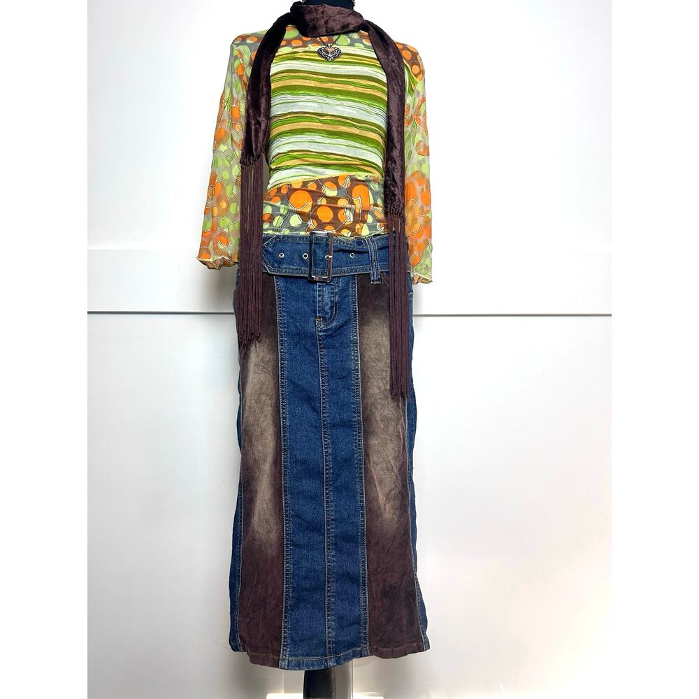 Euro Y2K it girl corduroy and denim belted skirt size large by new sensation